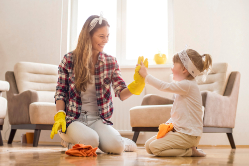 mother and daughter doing spring cleaning together