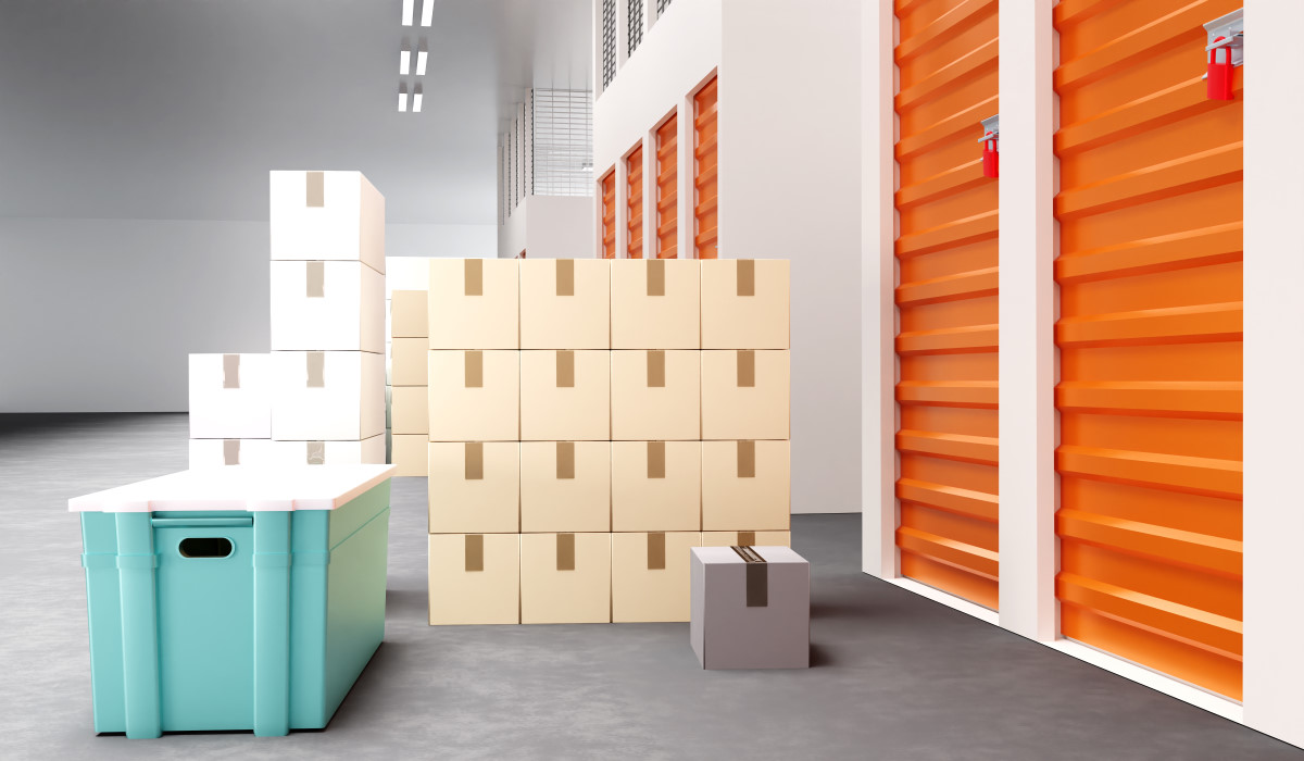 storage unit with boxes pilled outside
