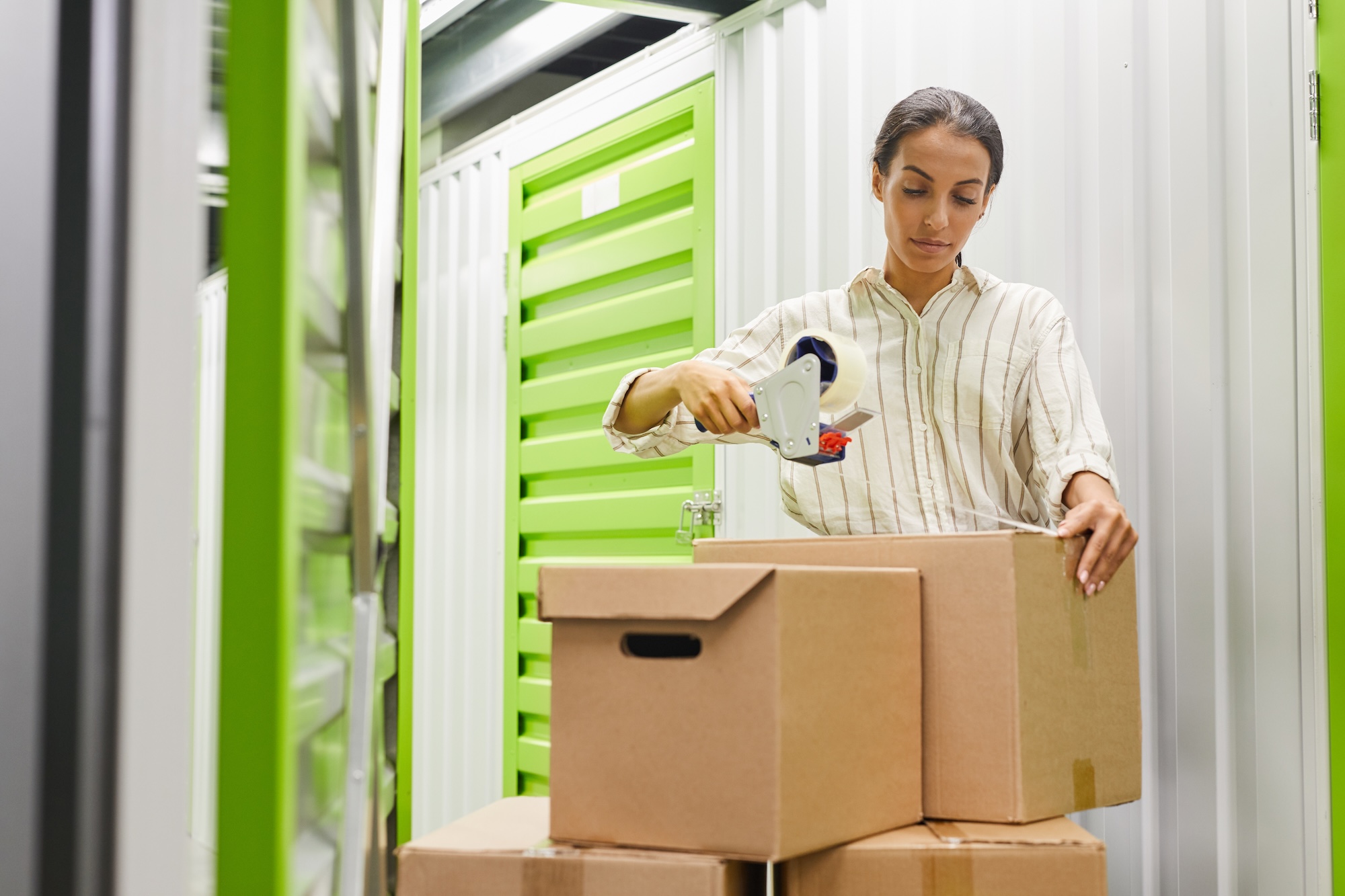 Warehouse, logistics and ladder with boxes for inventory, storage unit